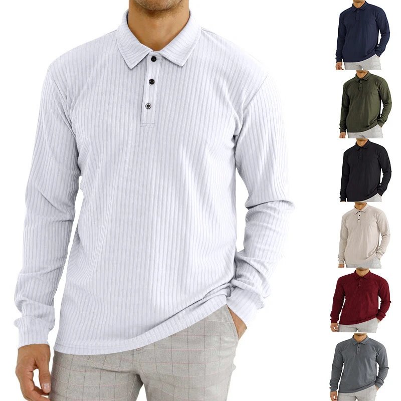 Design Long Sleeve Ribbed Polo Shirt White Tops Polo - 3