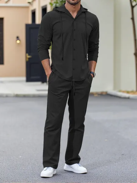 Design Hooded Button-Up Shirt and Drawstring Pants Set Black - 1