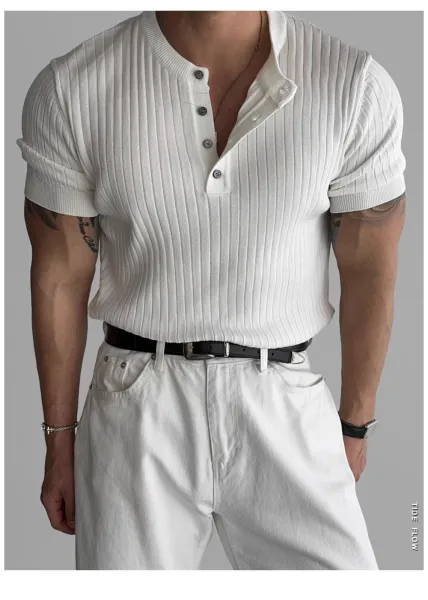 Design Ribbed Henley Knit Top White Tops - 3