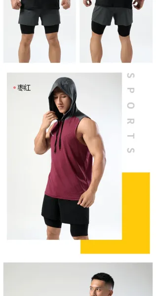 Design Hooded Mesh Vest Top in Coral Red with Gray Hood - 10
