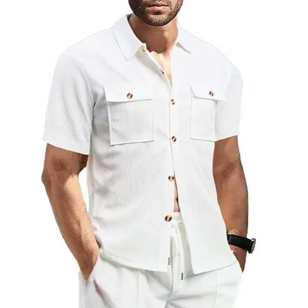 Design Short-Sleeve Waffle Knit Shirt White Tops Shirt - 1