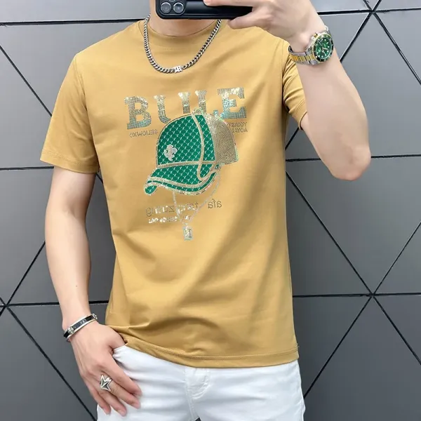 Design Graphic Print Rhinestone Embellished Mustard T-Shirt - 1