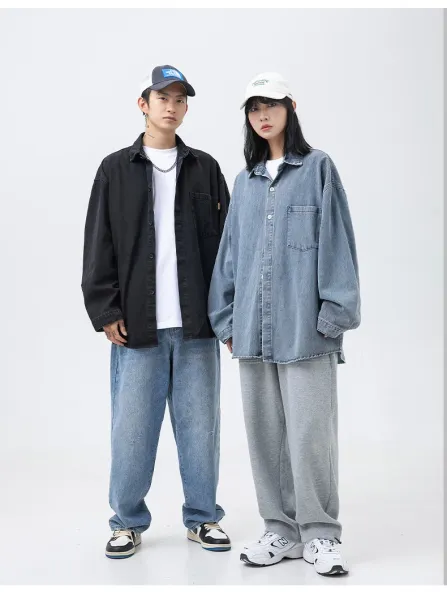 Design Oversized Washed Black Denim Shirt Tops Shirt - 11