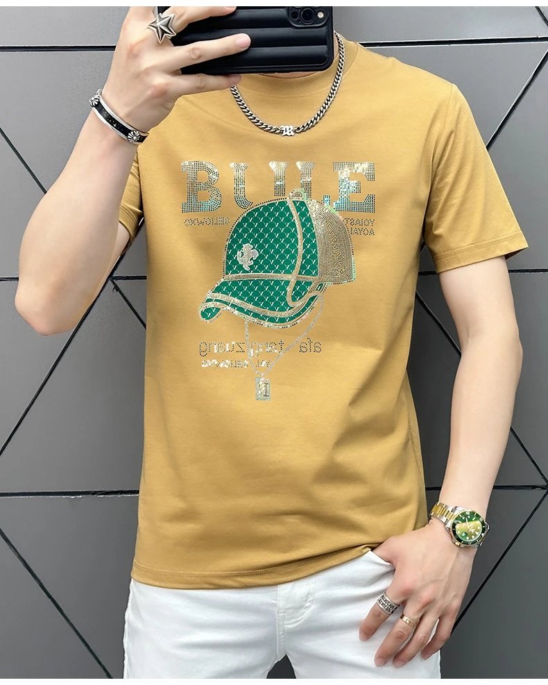 Design Bule Graphic Rhinestone Embellished Yellow T-Shirt - 5