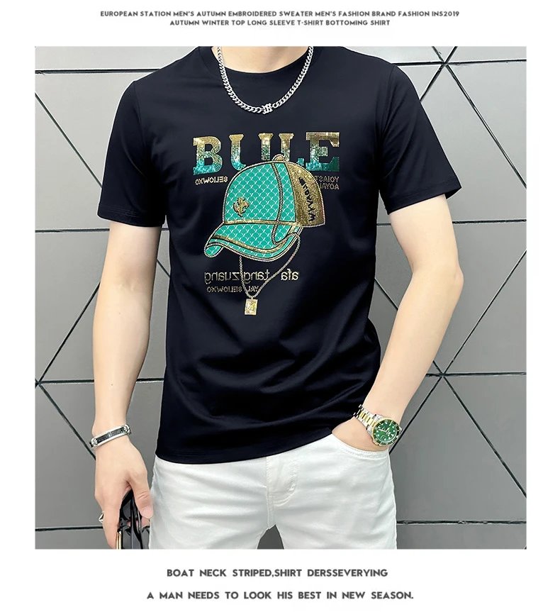 Design Bule Graphic Rhinestone Embellished Yellow T-Shirt - 15