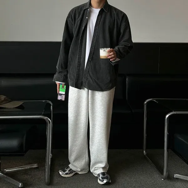 Design Oversized Corduroy Shirt Black + White Tee + Gray Sweatpants Casual Outfit Clothing - 1