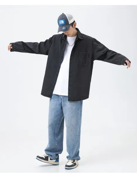 Design Oversized Washed Black Denim Shirt Tops Shirt - 22