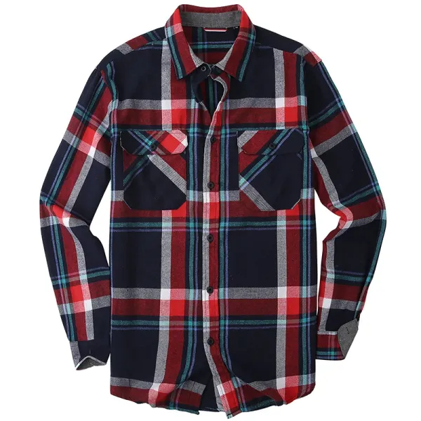 Design Flannel Shirt Navy Red Plaid Shirt Tops Shirt - 1