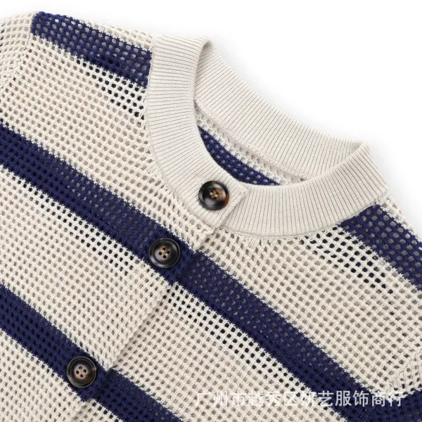Design Striped Mesh Knit Cardigan Navy and Beige - 9