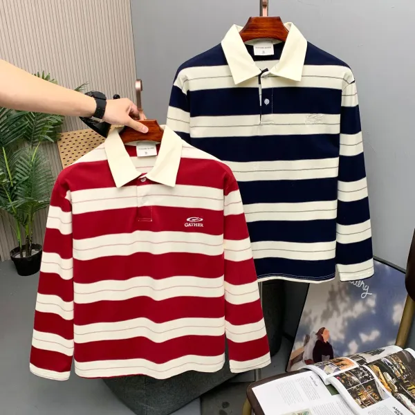 Design Savage Base Gather Stripe Long-Sleeve Polo in Burgundy and Beige Tops Polo - 4