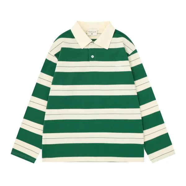 Design Savage Base Striped Long-Sleeve Polo in Forest Green and Cream Tops Polo - 1