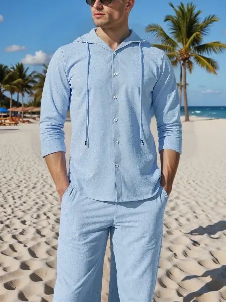 Design Light Blue Hooded Button-Up Shirt and Matching Pants Set - 14