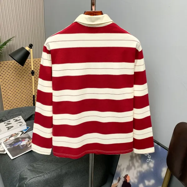 Design Savage Base Gather Stripe Long-Sleeve Polo in Burgundy and Beige Tops Polo - 8