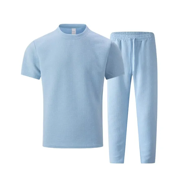 Design Textured Knit Set Black T-Shirt and Pants with White Sneakers - 19