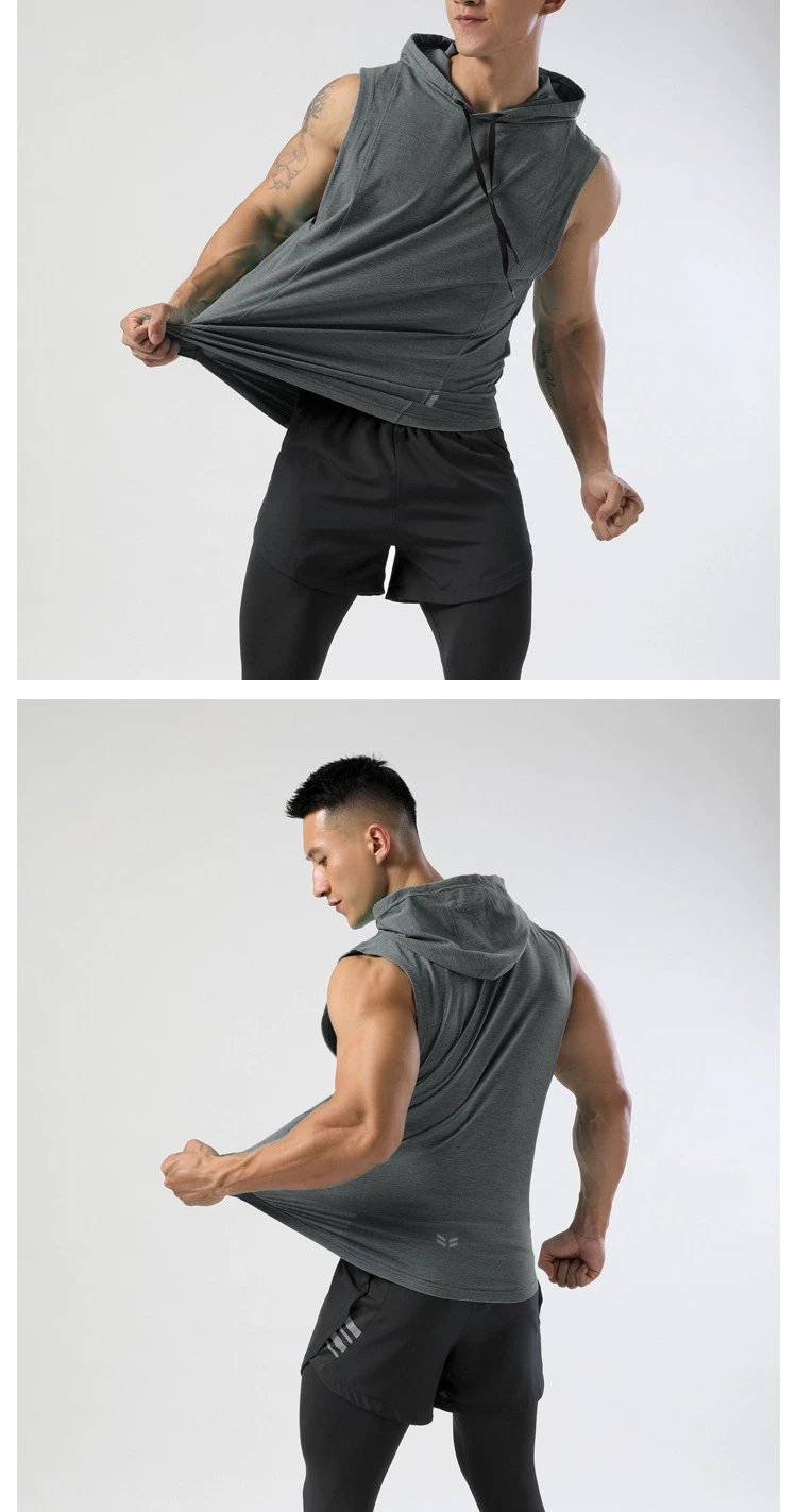 Design Sleeveless Hooded Vest Black with Gray Shorts Vest Top - 18