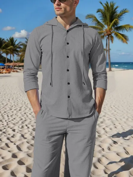 Design Light Blue Hooded Button-Up Shirt and Matching Pants Set - 20