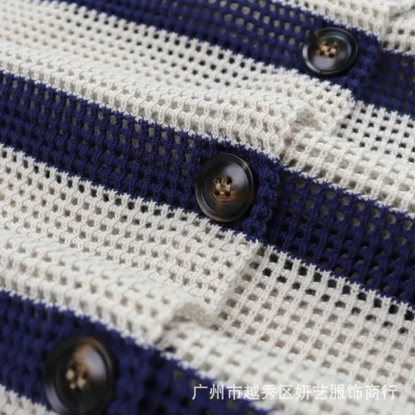 Design Striped Mesh Knit Cardigan Navy and Beige - 14