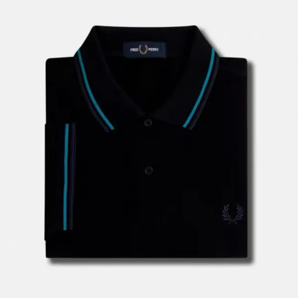Fred Perry Twin Tipped Polo Black with Teal Trim Tops Polo - 1