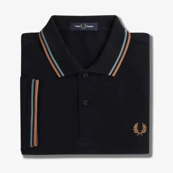 Fred Perry Twin Tipped Polo Black with Tan and Teal Trim Polo Shirt - 1