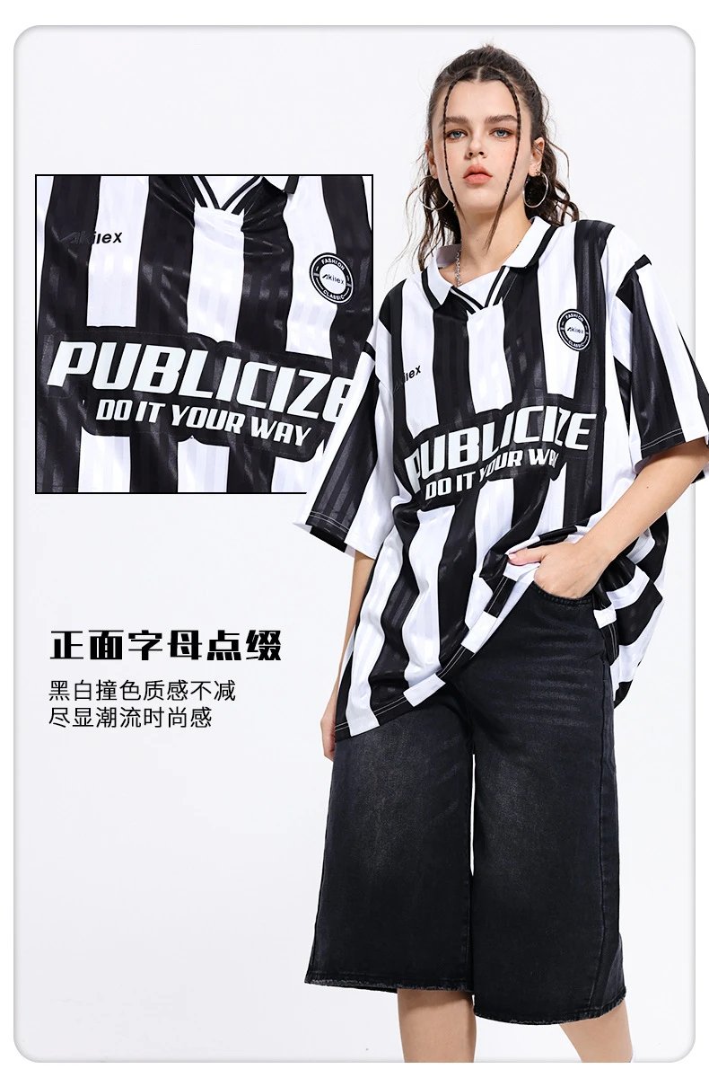 Design Publicize Do It Your Way Oversized Striped Polo Shirt Black and White Tops Polo - 5