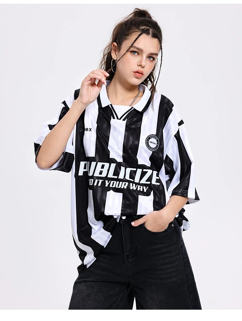 Design Publicize Do It Your Way Oversized Striped Polo Shirt Black and White Tops Polo - 9