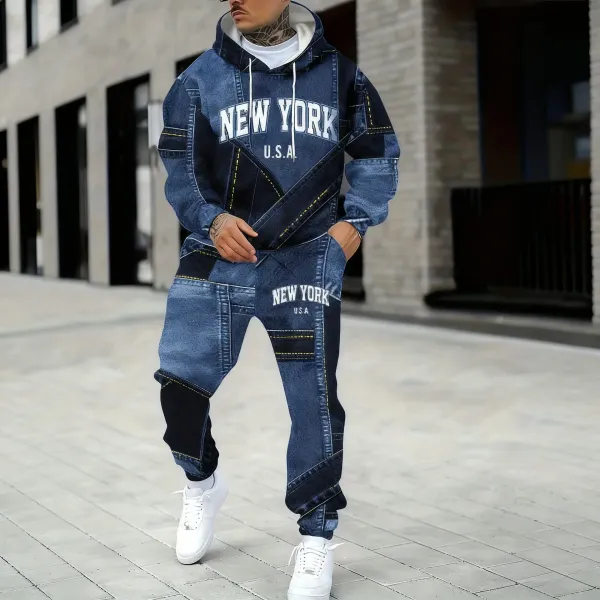 Design Denim Patchwork 'New York U.S.A.' Hoodie and Sweatpants Set Blue Black - 5