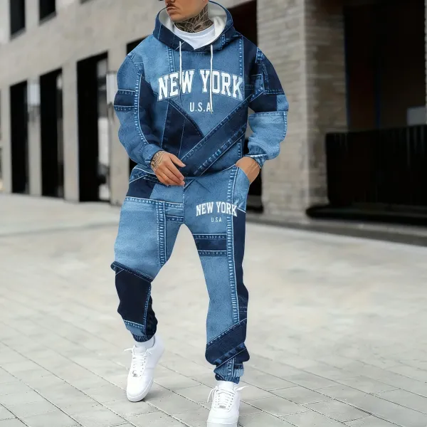 Design Denim Patchwork 'New York U.S.A.' Hoodie and Sweatpants Set Blue Black - 7