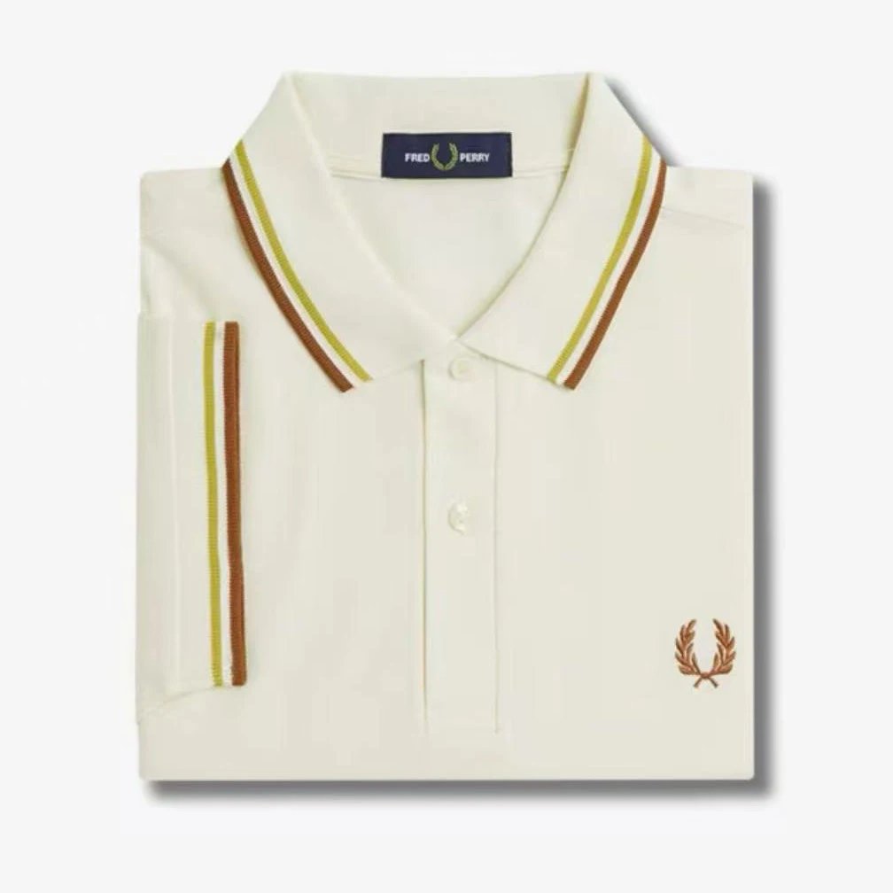 Fred Perry Twin Tipped Polo Cream with Olive and Brown Stripes Polo Shirt - 1