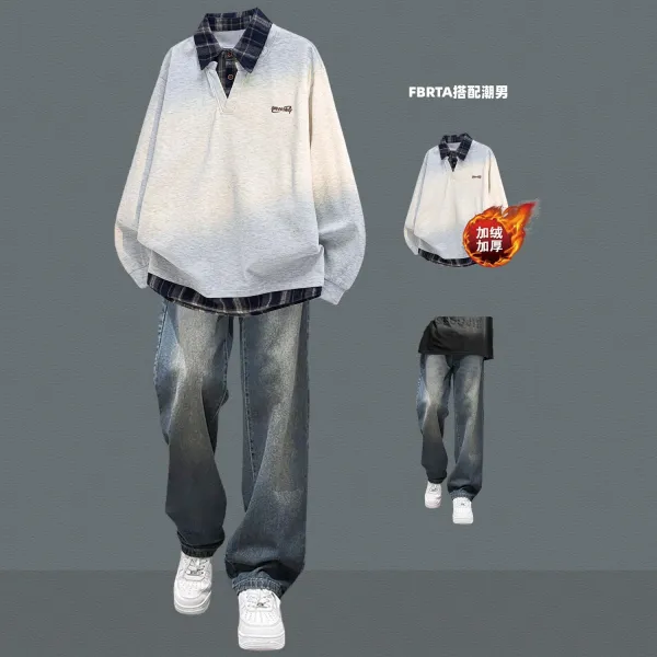 Design Layered Collar Polo Sweatshirt Gray Plaid Trim Hoodie - 1