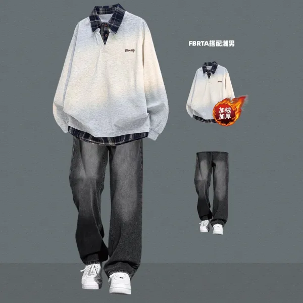 Design FBRTA Layered Collar Pullover Gray Gradient Sweatshirt with Plaid Shirt and Wide-Leg Jeans Set Tops - 1