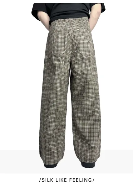 Design Wide-Leg Plaid Trousers Brown Beige Pants - 8