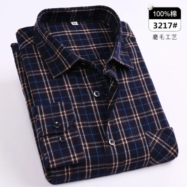 Design Plaid Flannel Shirt Navy Blue with Beige and Blue Grid Pattern - 1
