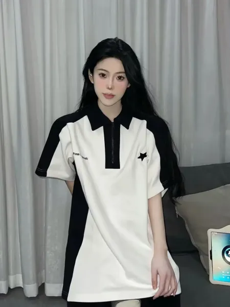 Design Color-Block Zip-Neck Polo Black / Gray Star Print Tops.polo - 6