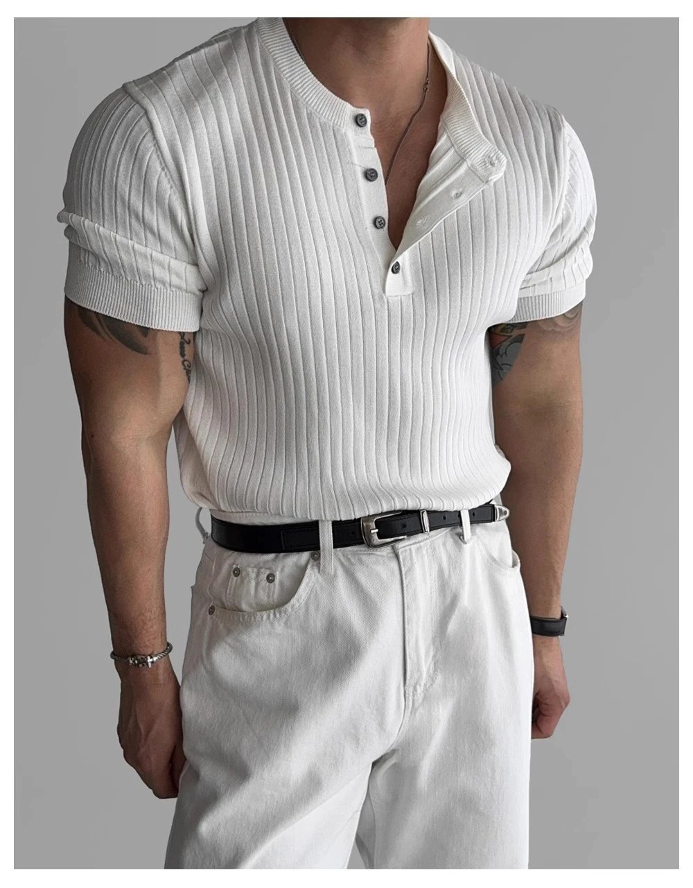 Design Ribbed Henley Knit Top White Tops - 6