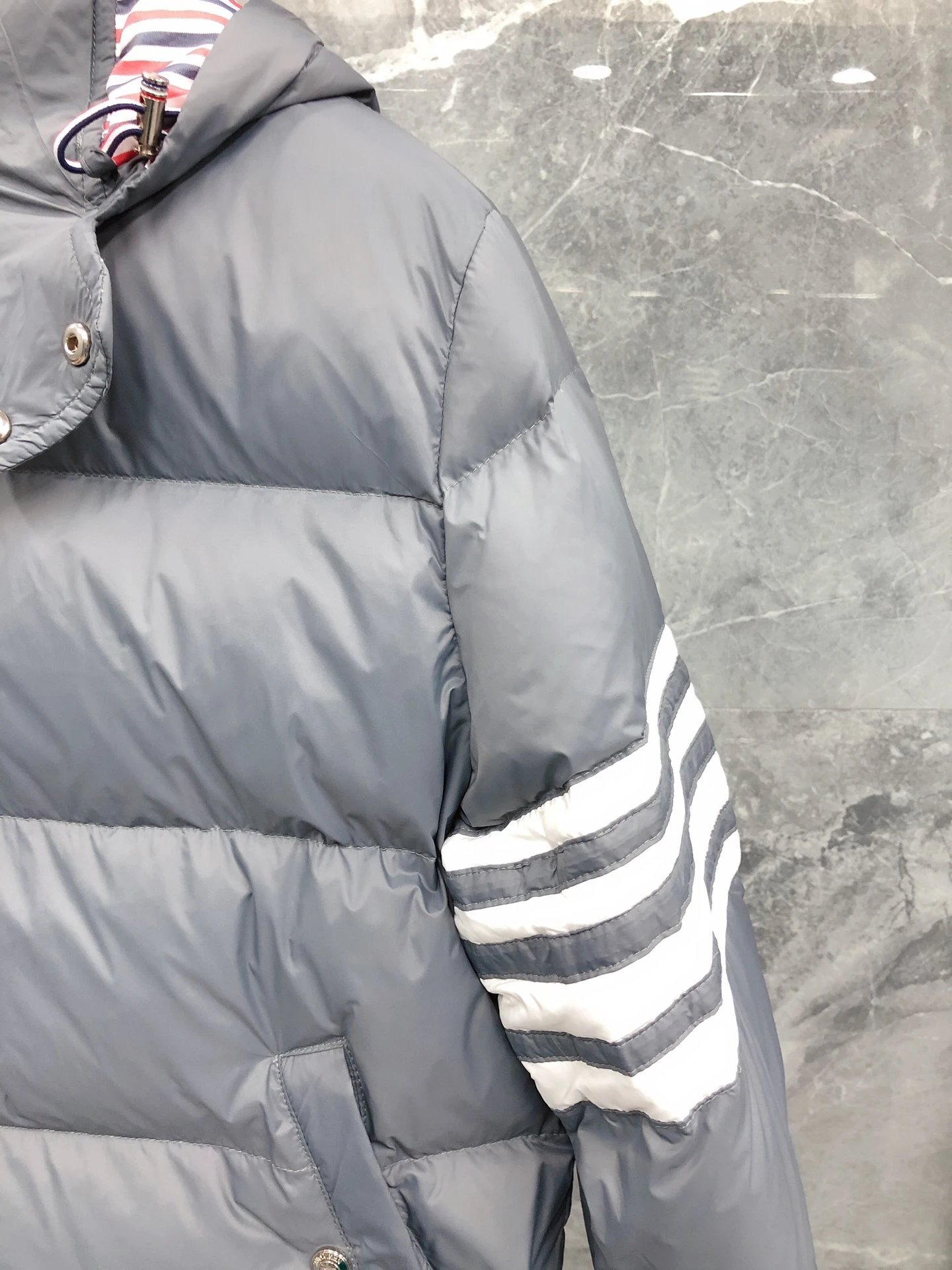 Thom Browne Puffer Hoodie Vest with Ribbed Knit Sleeves Gray Outerwear - 9