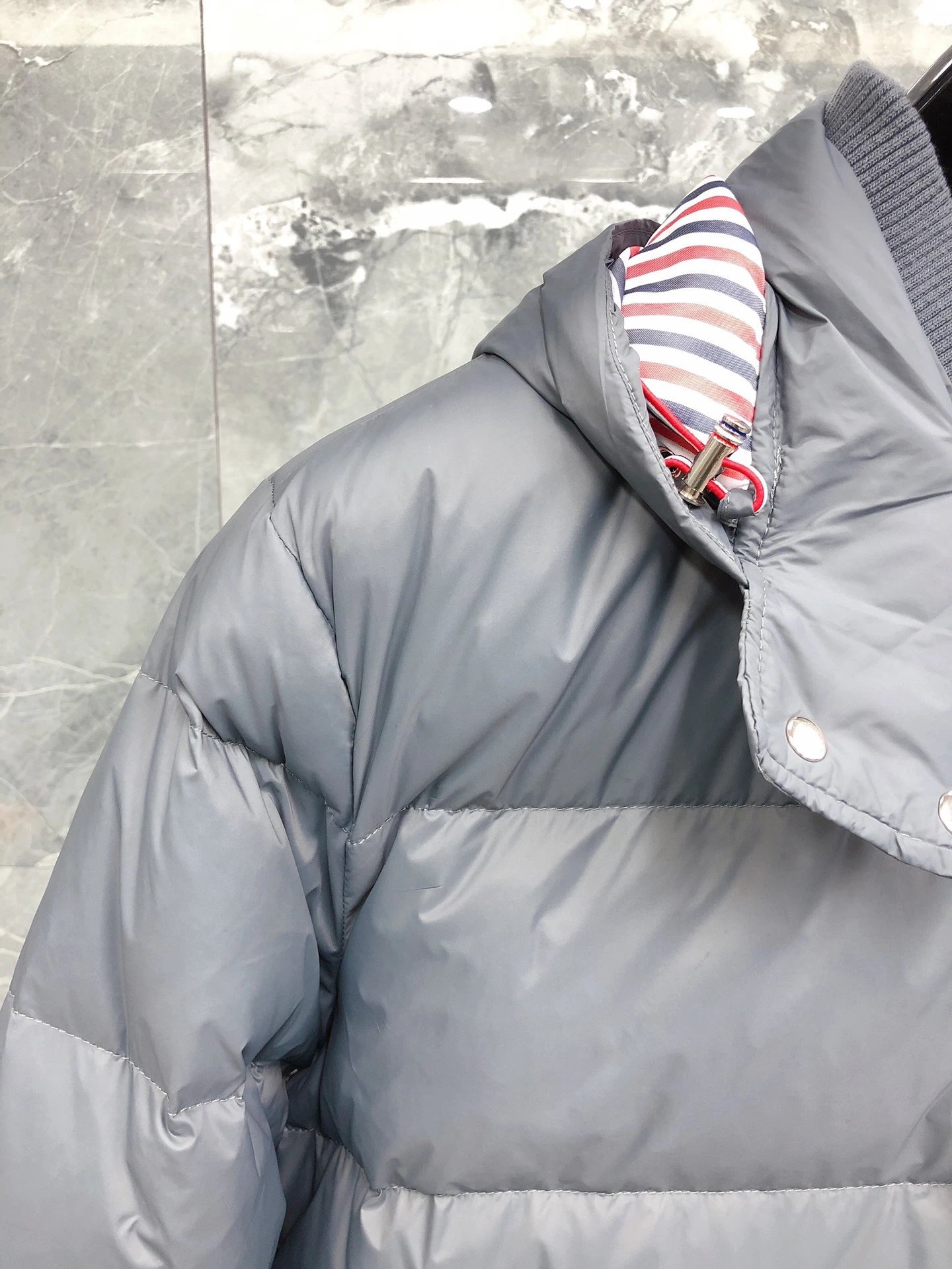 Thom Browne Puffer Hoodie Vest with Ribbed Knit Sleeves Gray Outerwear - 8