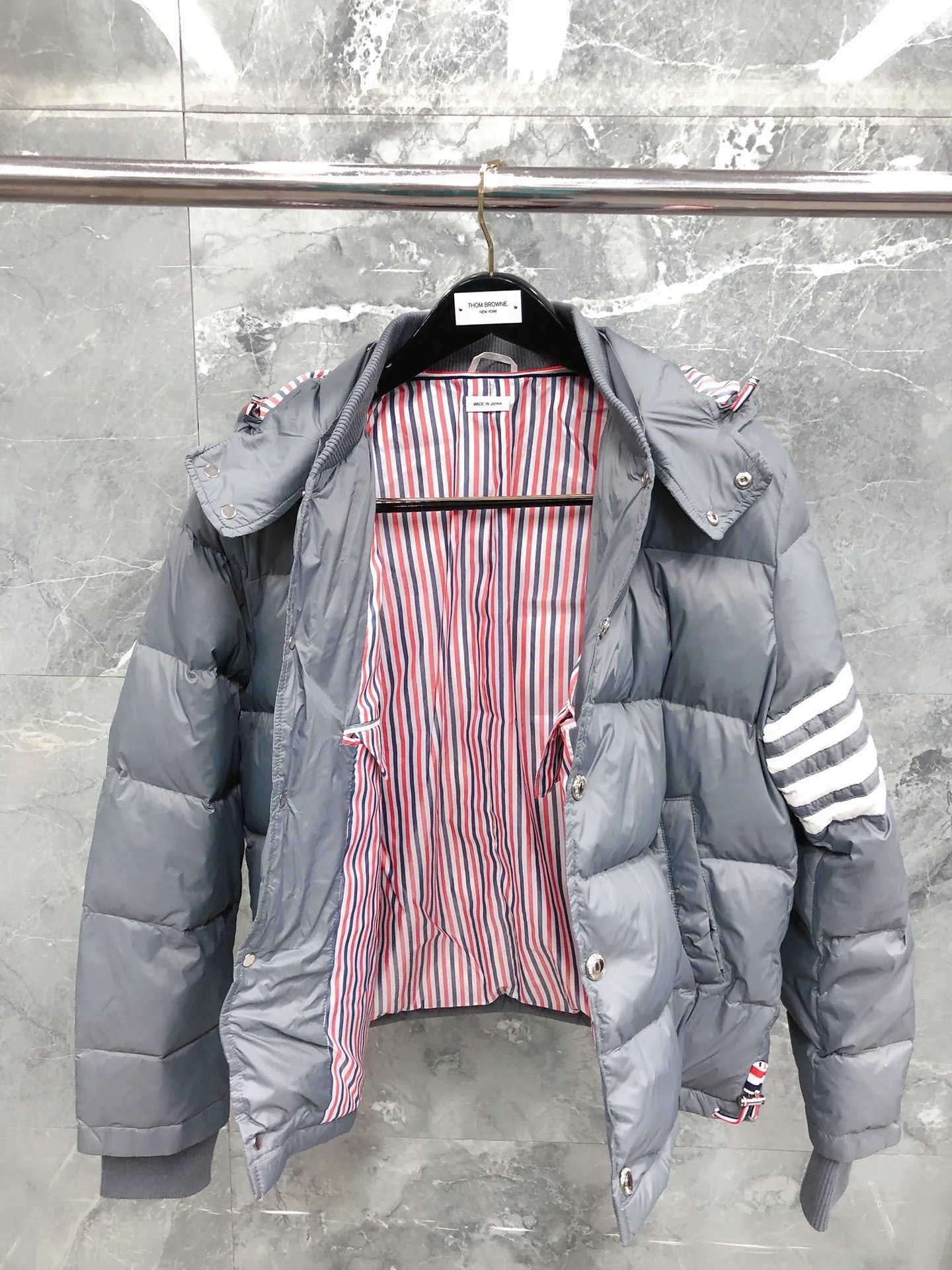 Thom Browne Puffer Hoodie Vest with Ribbed Knit Sleeves Gray Outerwear - 10