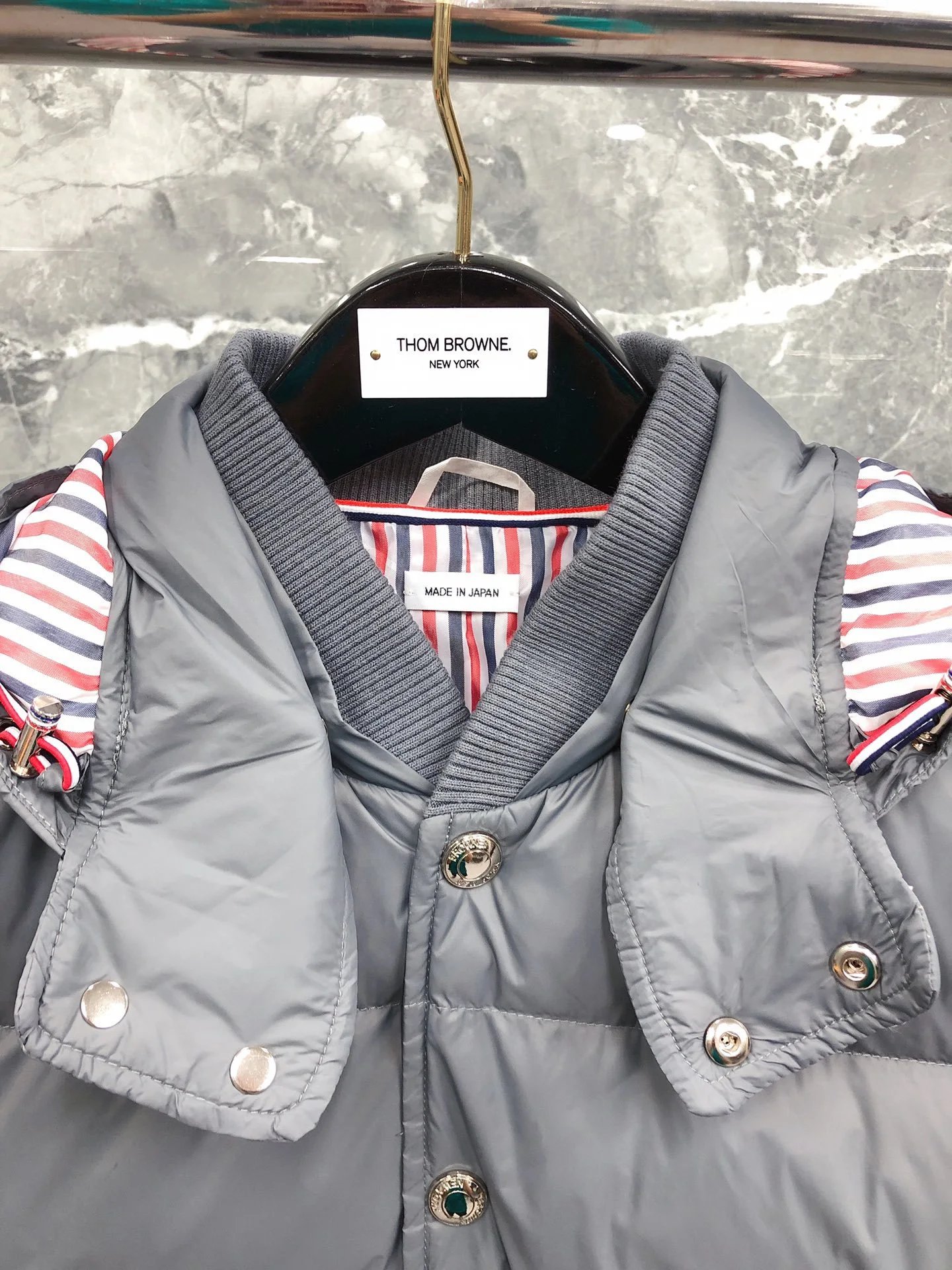 Thom Browne Puffer Hoodie Vest with Ribbed Knit Sleeves Gray Outerwear - 7