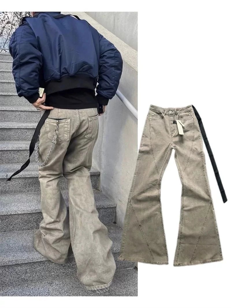 RO style earth color washed floor mopping elastic slim fit horn wide leg slimming stacking jeans trendy men's and women's pants