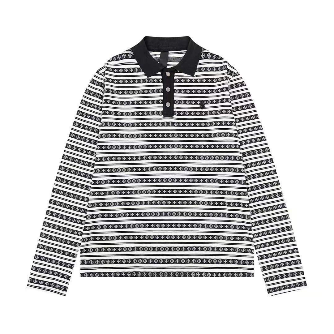 Black and White Striped Long Sleeve Polo