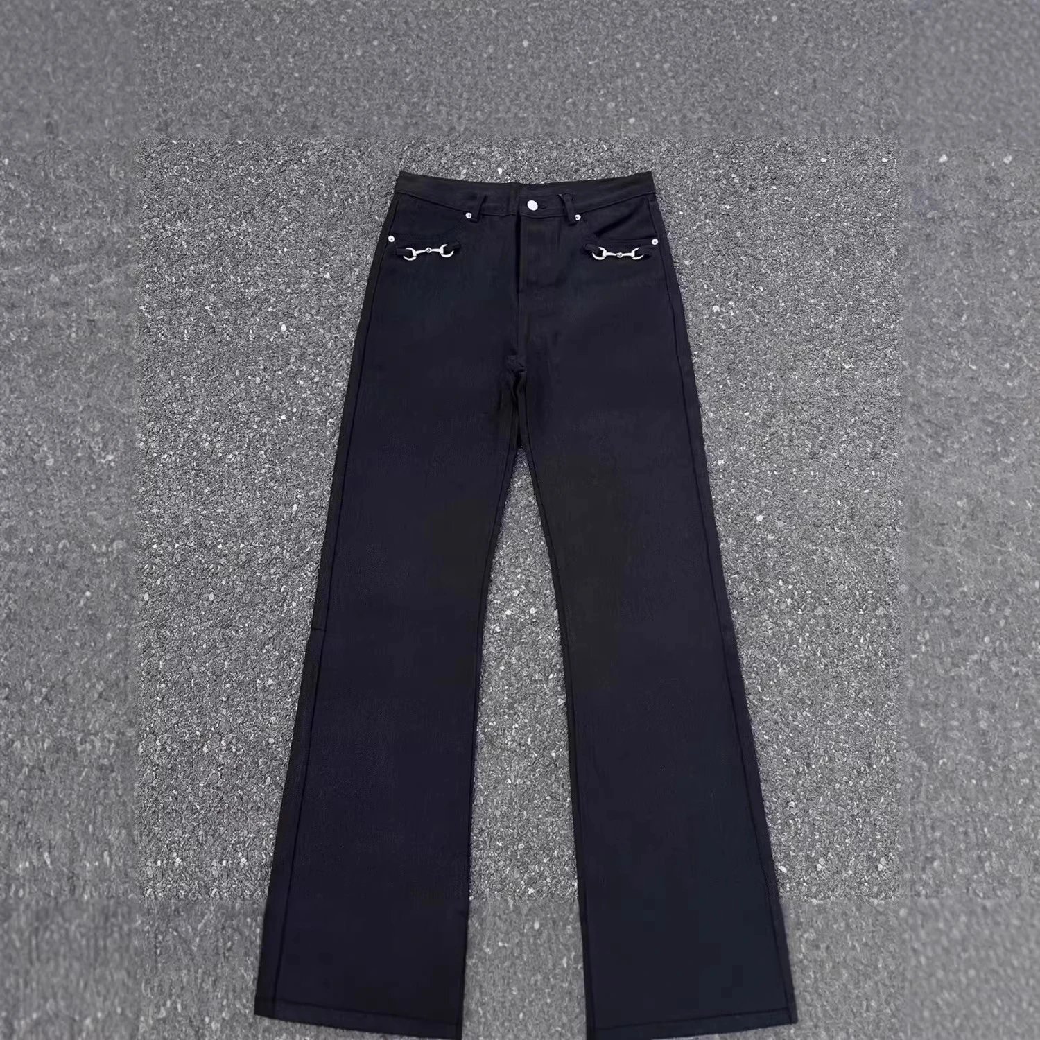 American Retro Black Flared Jeans Unisex Clean Fit Washed Distressed Raw Hem Rivet Slimming Casual Pants