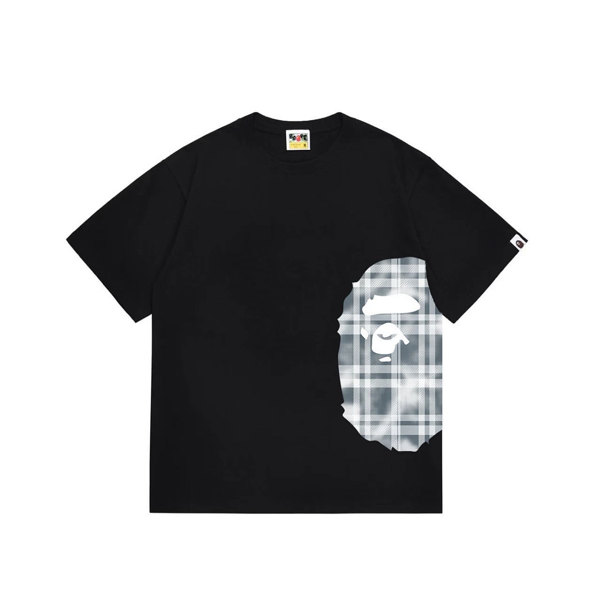 Side Plaid Short-Sleeve Color-Block Loose T-Shirt (Unisex)