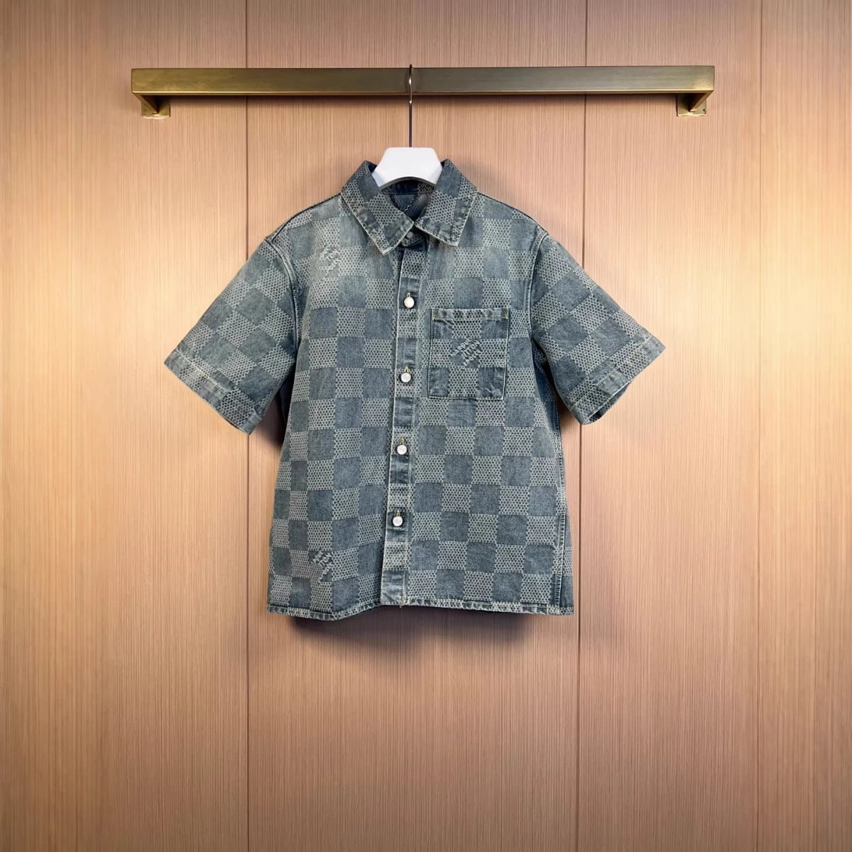 Checkerboard Denim Short-Sleeve Shirt & Shorts Set