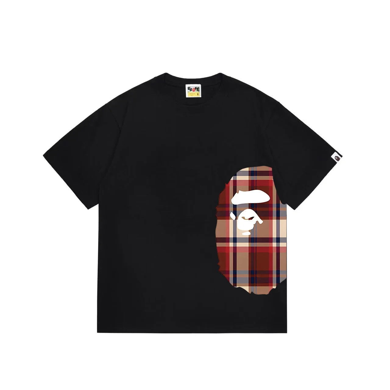 BAPE Plaid Splicing Ape Head Black T-Shirt
