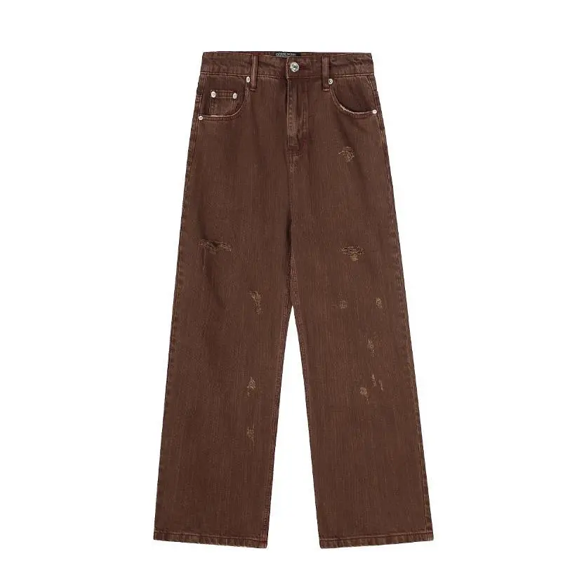 Brown Distressed Wide-Leg Jeans