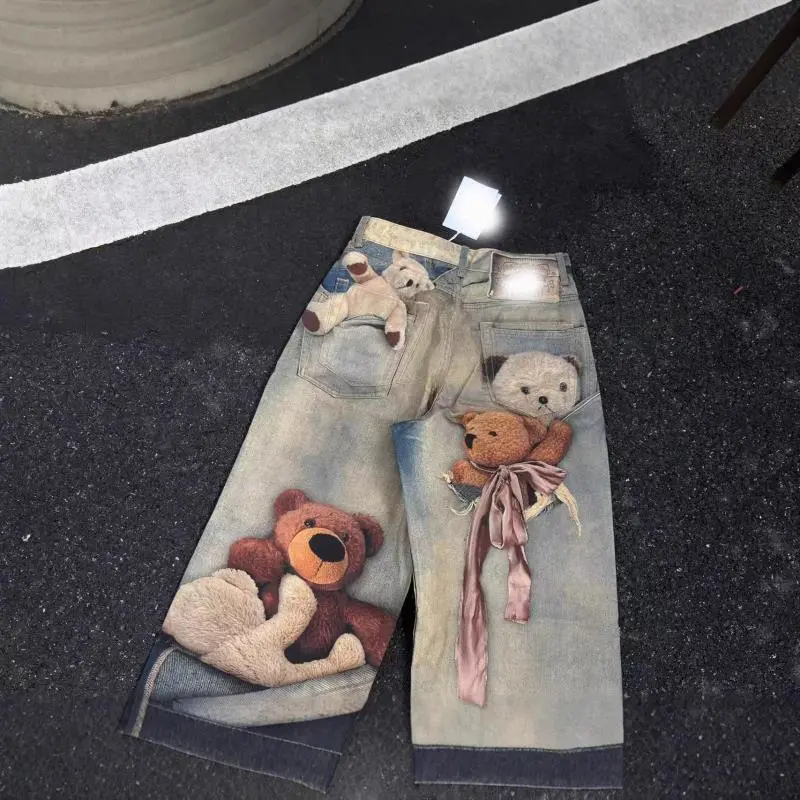 Teddy Bear Print Wide-Leg Jeans