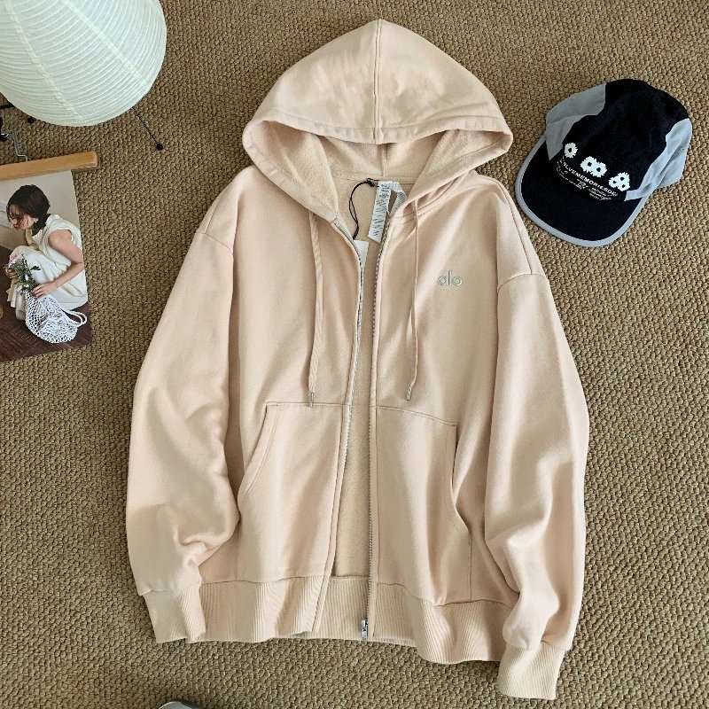 Alo Yoga Hoodies & Sweatshirts Zip-Up Hooded Sweatshirt — Beige brown zip-up jacket