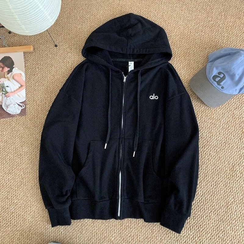 Alo Yoga Hoodies & Sweatshirts Zip-Up Hooded Sweatshirt — Black zip-up jacket