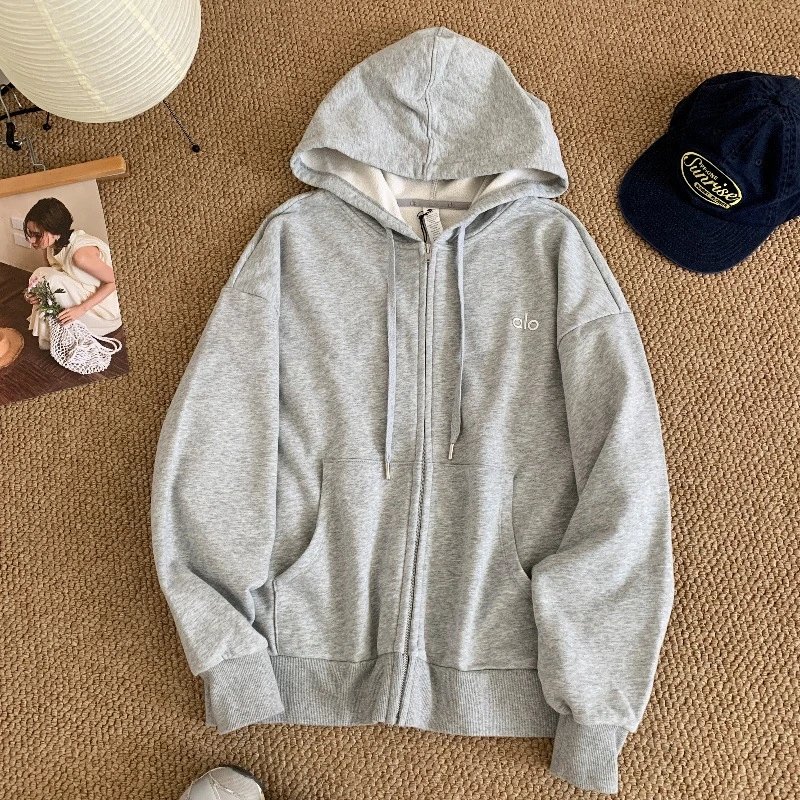 Alo Yoga Hoodies & Sweatshirts Zip-Up Hooded Sweatshirt — Grey Zip Coat