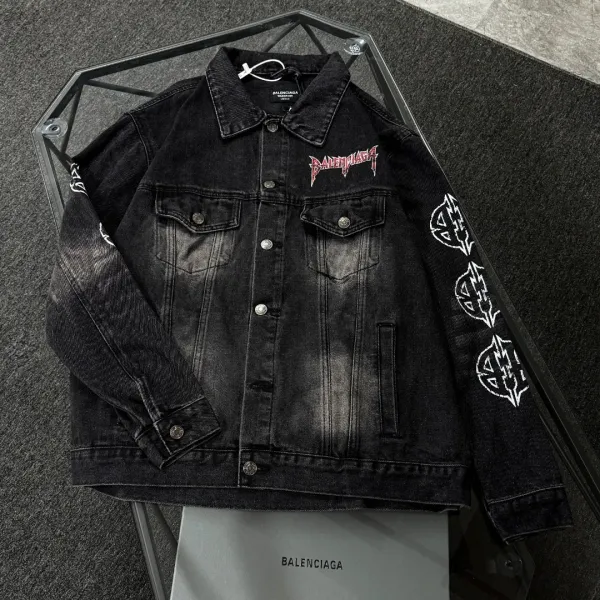 Balenciaga x Metal Band Logo Distressed Black Denim Jacket - 1